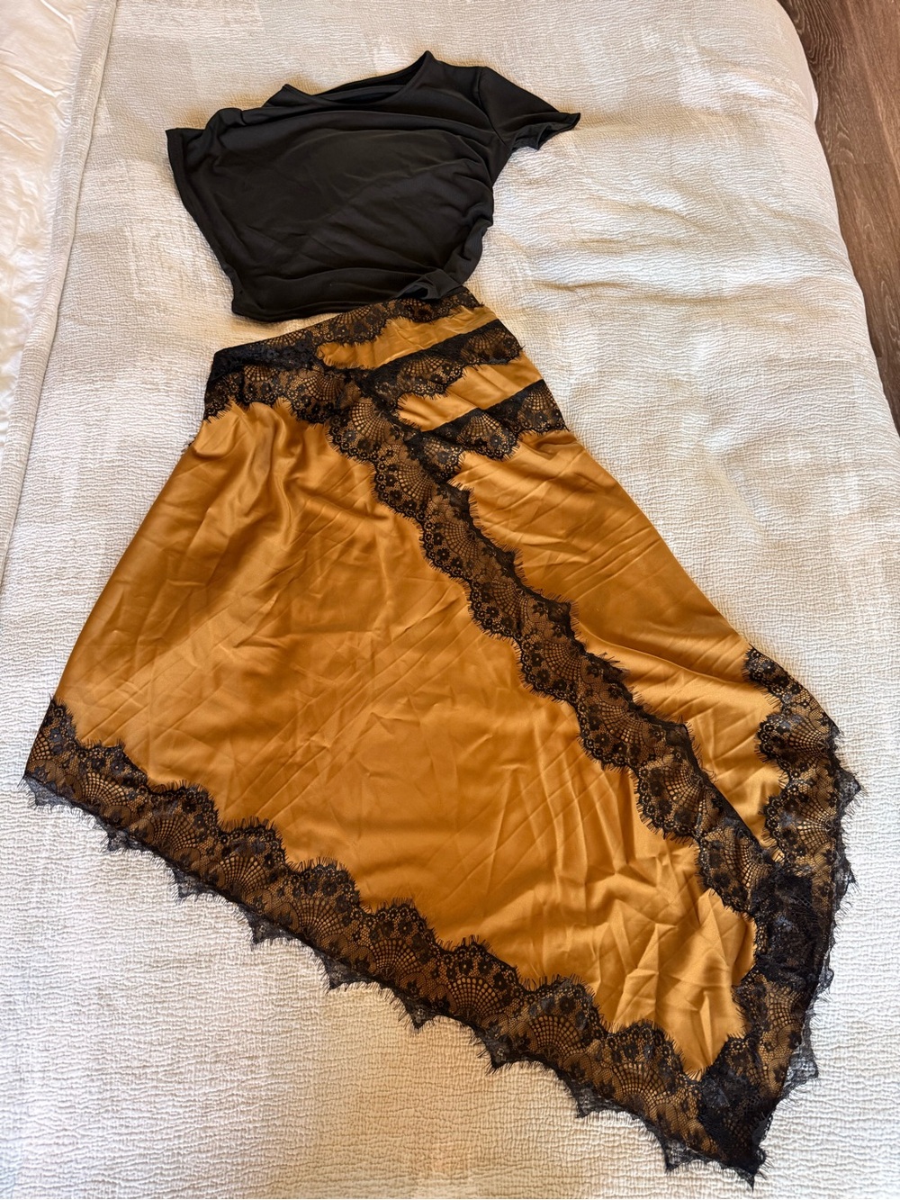 Mustard Satin Lace Trim Slip Skirt